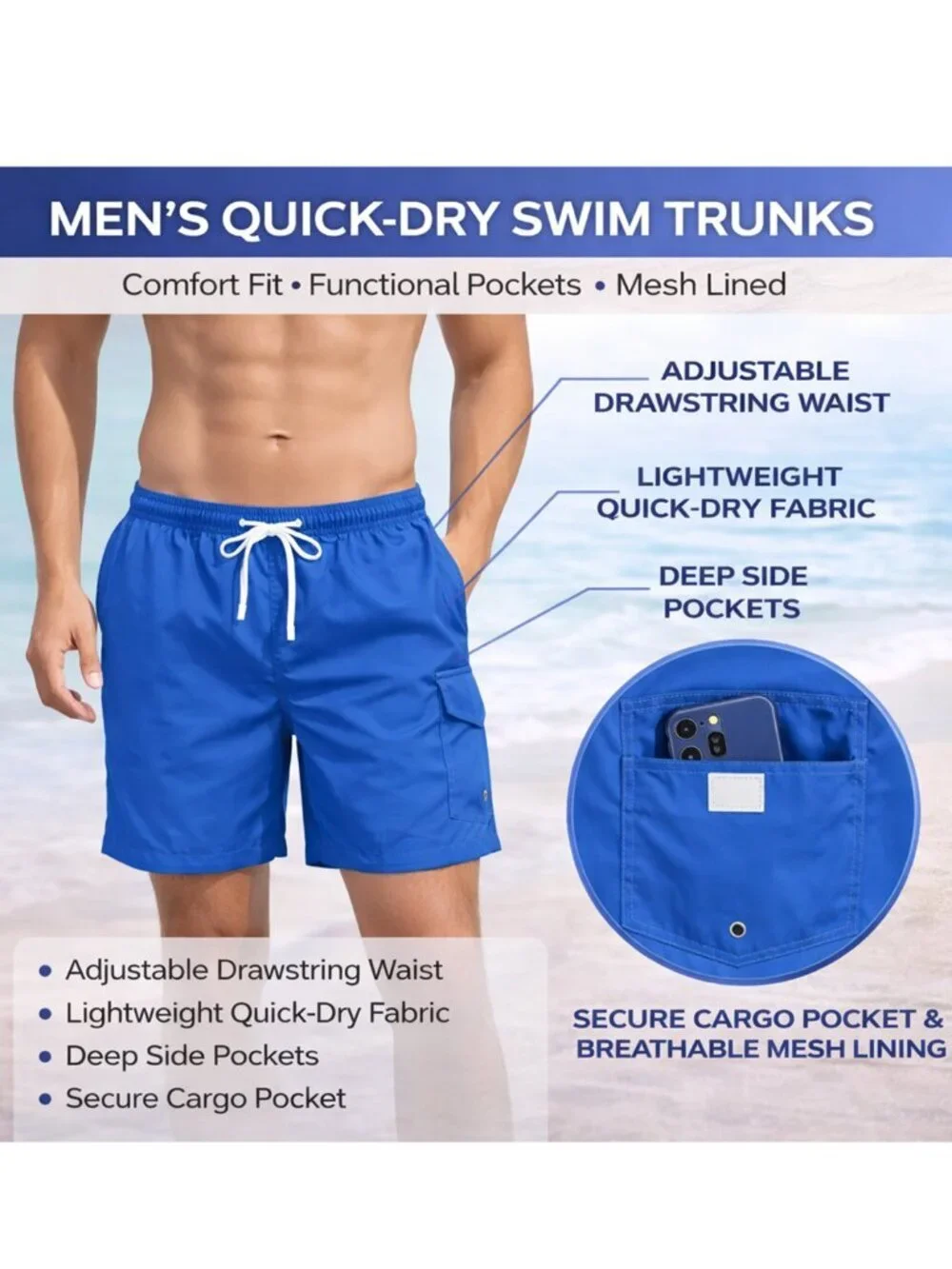 Men Swim Trunks Blue Swim Cargo Shorts, Small Medium Large X-Large, NWT